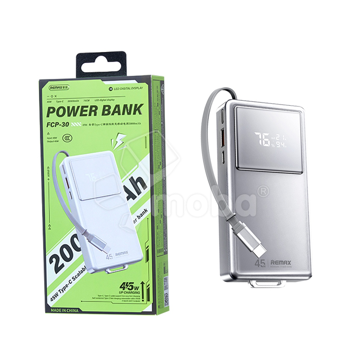 Внешний Аккумулятор (Power Bank) Remax FCP-30 20000 mAh (45W, PD, Type-C, встроенный кабель Type-C, LED дисплей) Серый