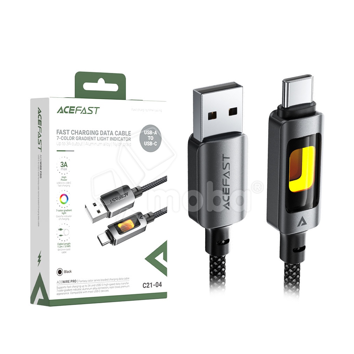 Кабель USB - Type-C Acefast C21-04 (3A, оплетка нейлон, 1.2 м) Черный