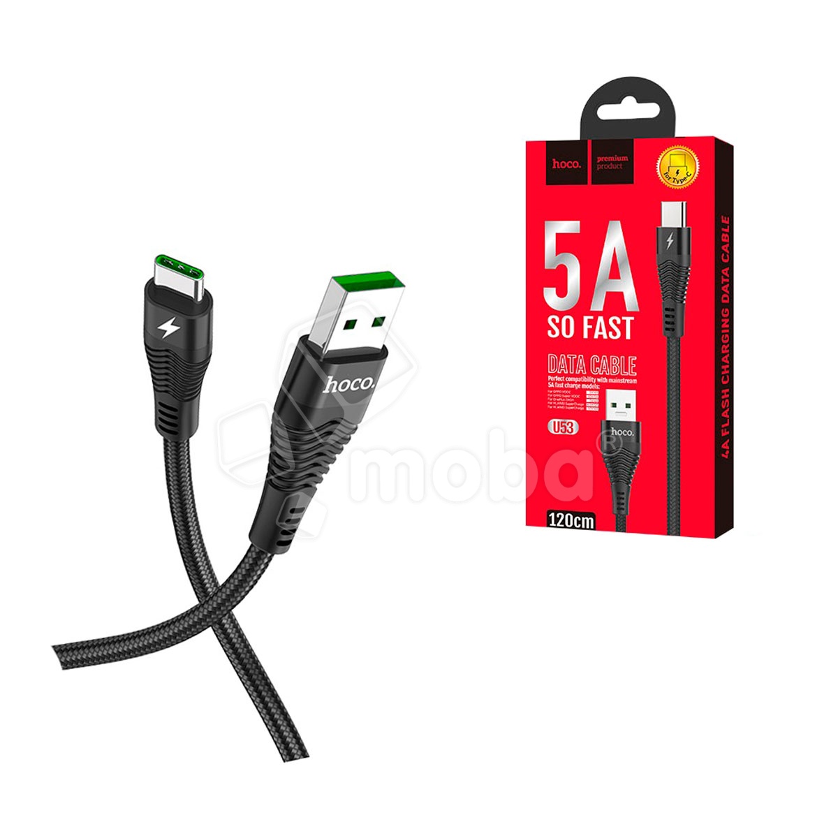 Кабель USB - Type-C Hoco U53 (5A, оплетка нейлон, 1.2 м) Черный