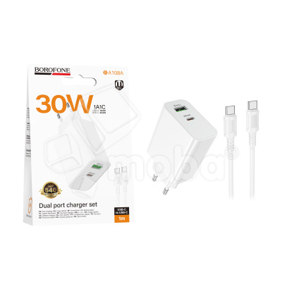 Сетевое зарядное устройство USB/Type-C Borofone BA108A (30W, QC3.0, PD, 2 порта, кабель Type-C-Type-C) Белый