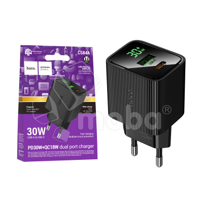 Сетевое зарядное устройство USB/Type-C Hoco CS84A (30W, QC3.0, PD, 2 порта, с дисплеем) Черный