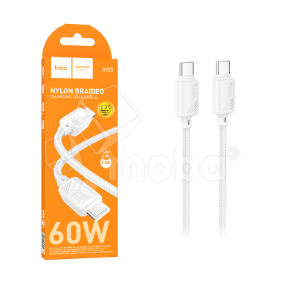 Кабель Type-C - Type-C Hoco X113 (3A, 60W, PD, оплетка нейлон) Белый
