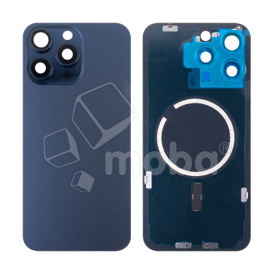 Задняя крышка для iPhone 15 Pro Max (A3106) в сборе со стеклом камеры Синий (стекло, монолит, MagSafe, логотип) - Премиум