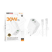 Сетевое зарядное устройство USB/Type-C Borofone BA108A (30W, QC3.0, PD, 2 порта, кабель Type-C-Type-C) Белый